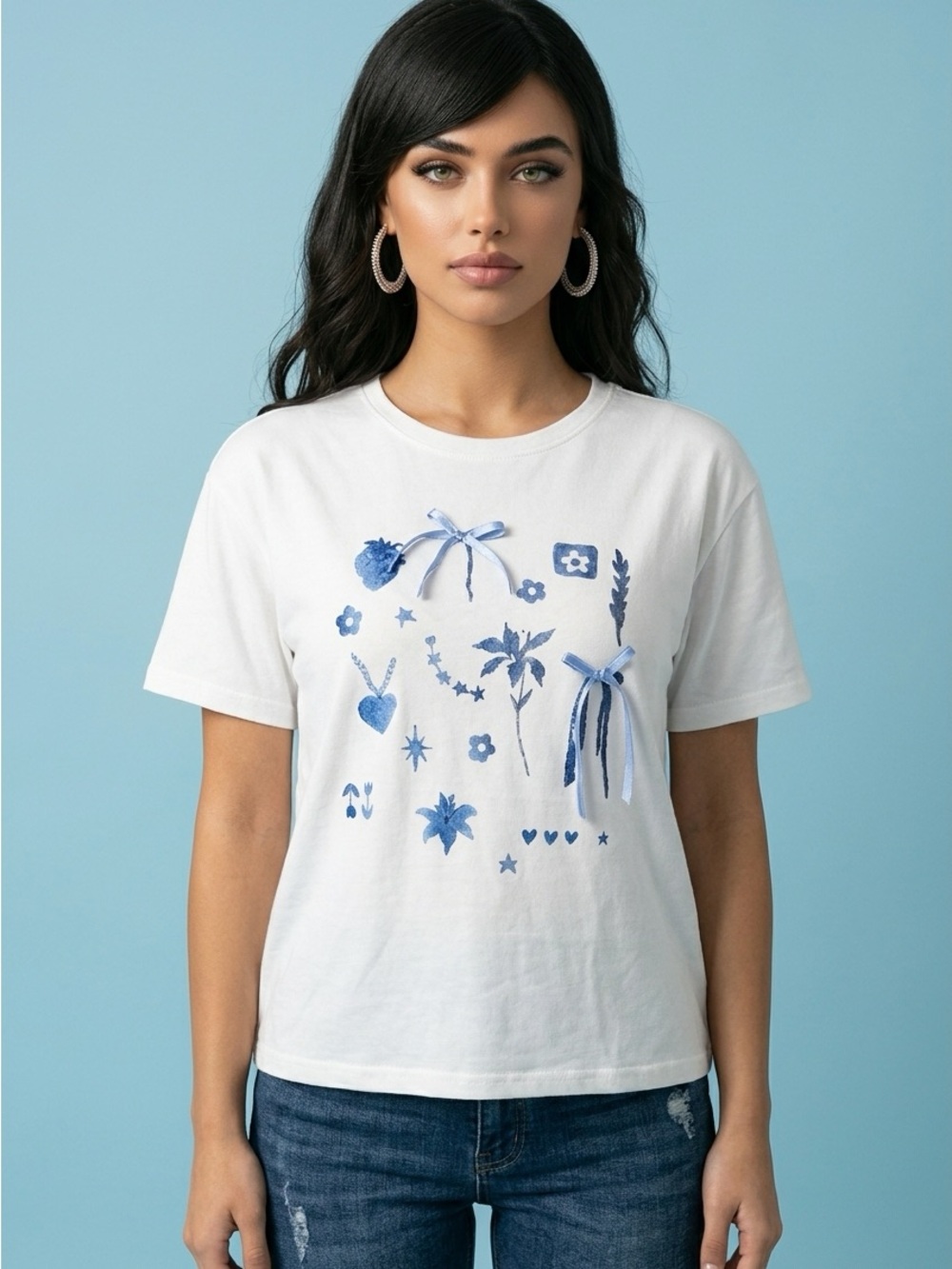 Rosie Posie White Graphic Tee with Blue Bow Accents - Picture 7 of 7